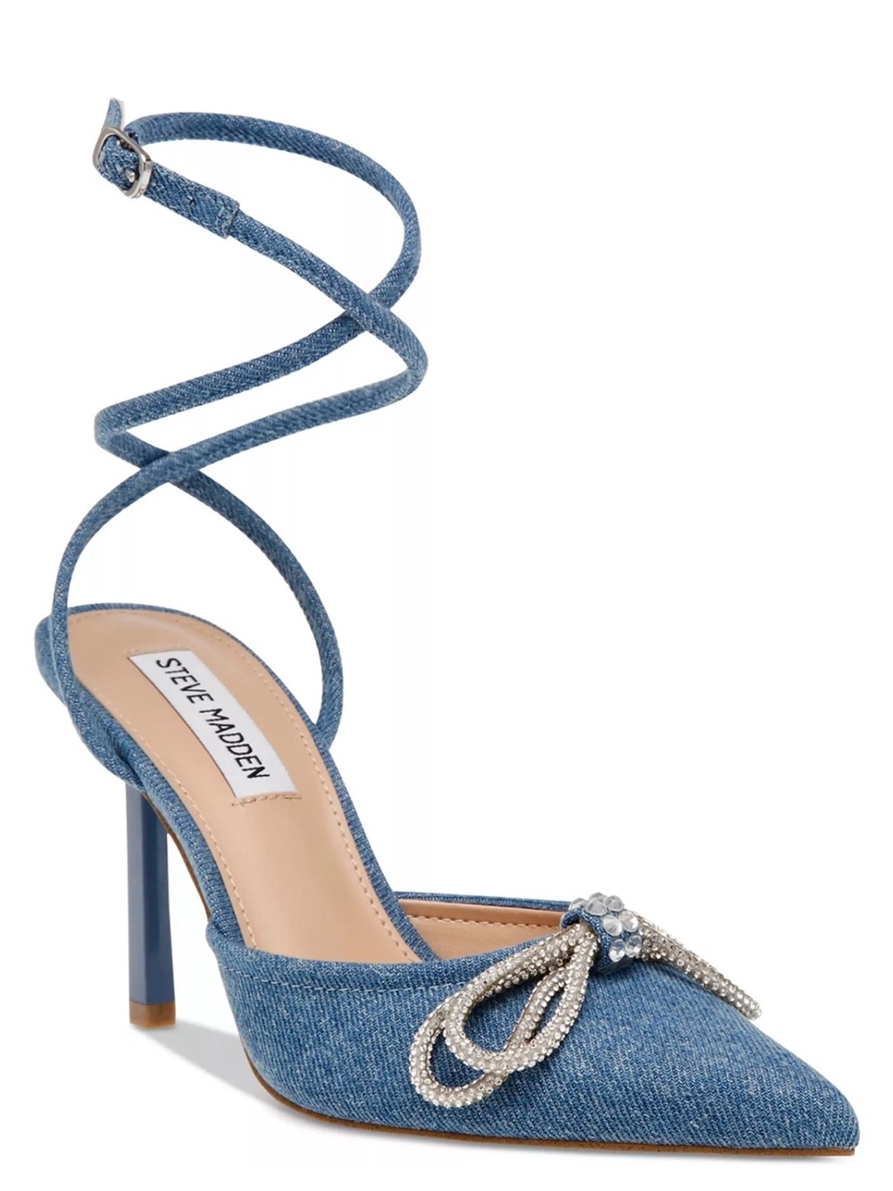 Steve Madden Denim Pointed-Toe Heel with Crystal Bow and Lace-Up Straps